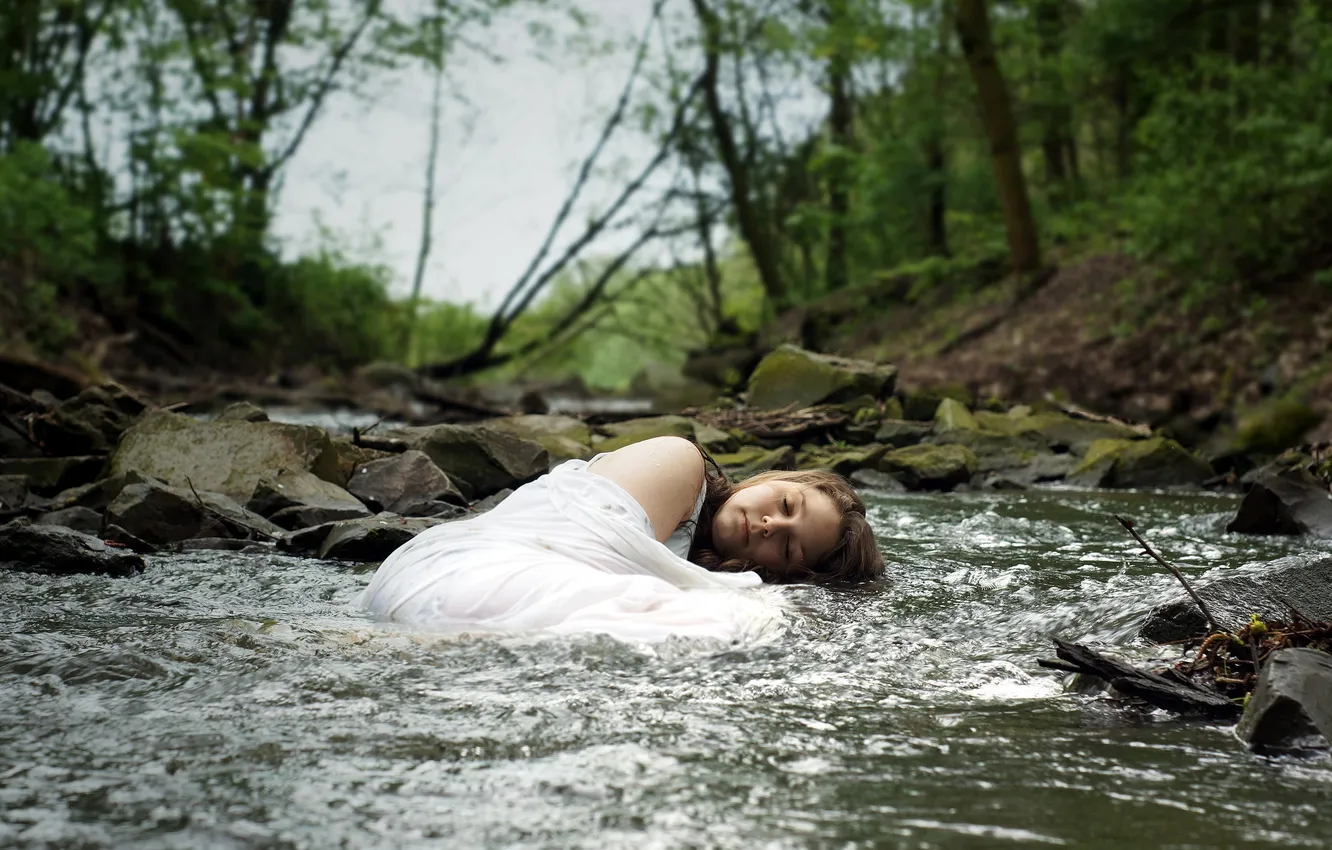 Photo wallpaper forest, girl, river, mood