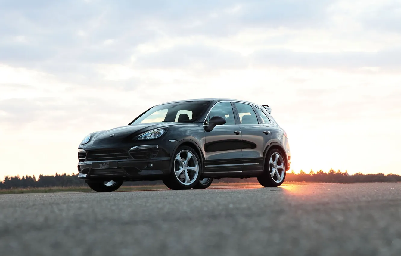 Photo wallpaper the sky, the sun, Porsche, Porsche, black, Cayenne, Cayenne, (958)