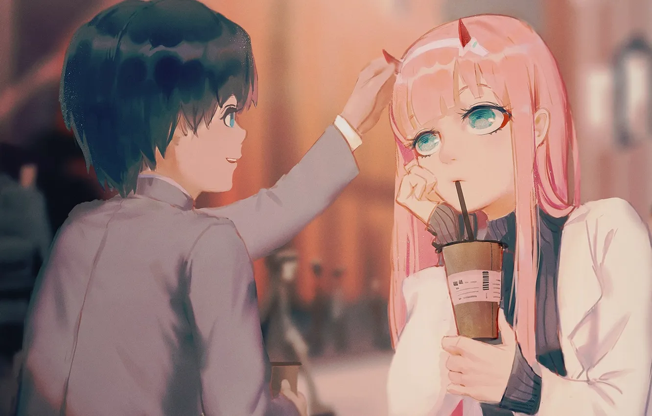 Photo wallpaper girl, cafe, guy, 002, Darling In The Frankxx, Cute in France, Hiro