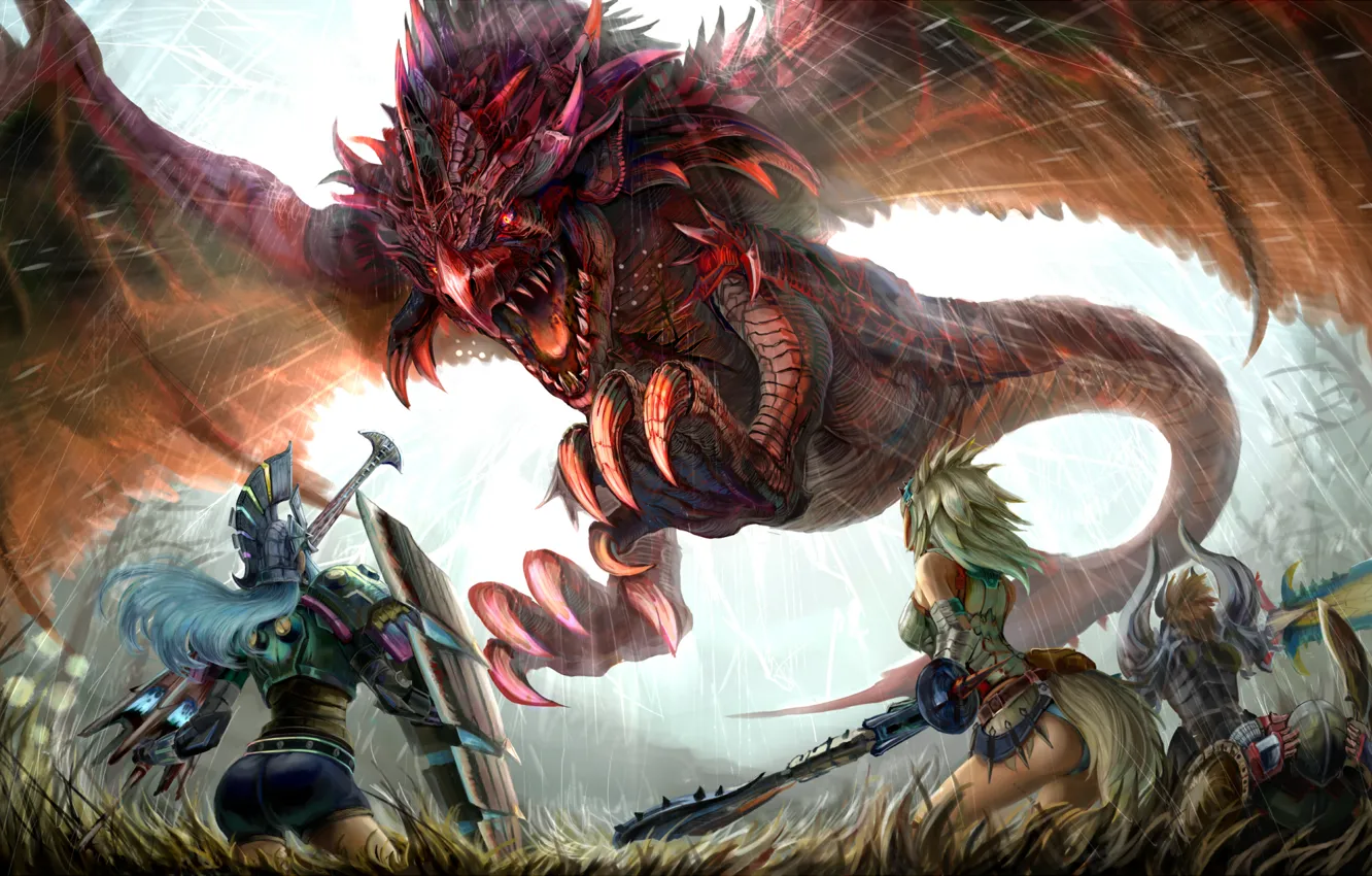 Photo wallpaper girl, weapons, magic, dragon, wings, rage