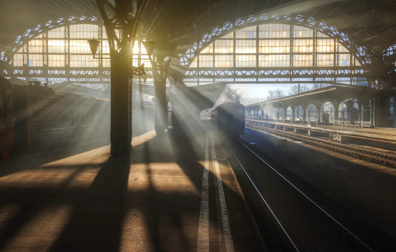 Photo wallpaper the sun, rays, train, the platform, Saint Petersburg, railroad, Ed Gordeev
