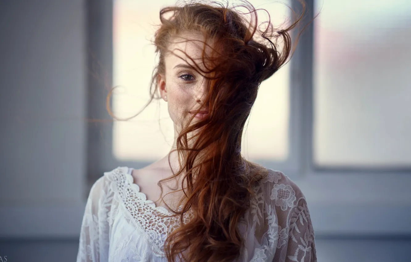 Photo wallpaper background, model, portrait, makeup, dress, hairstyle, freckles, red