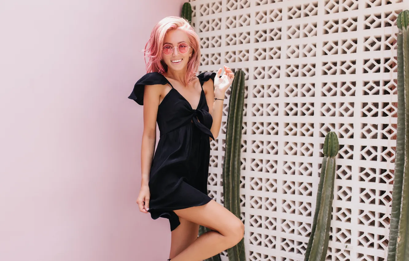 Photo wallpaper girl, beautiful, look, blonde, glasses, cute, mini dress