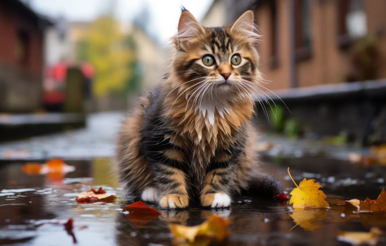 Photo wallpaper road, autumn, cat, look, water, the city, pose, street