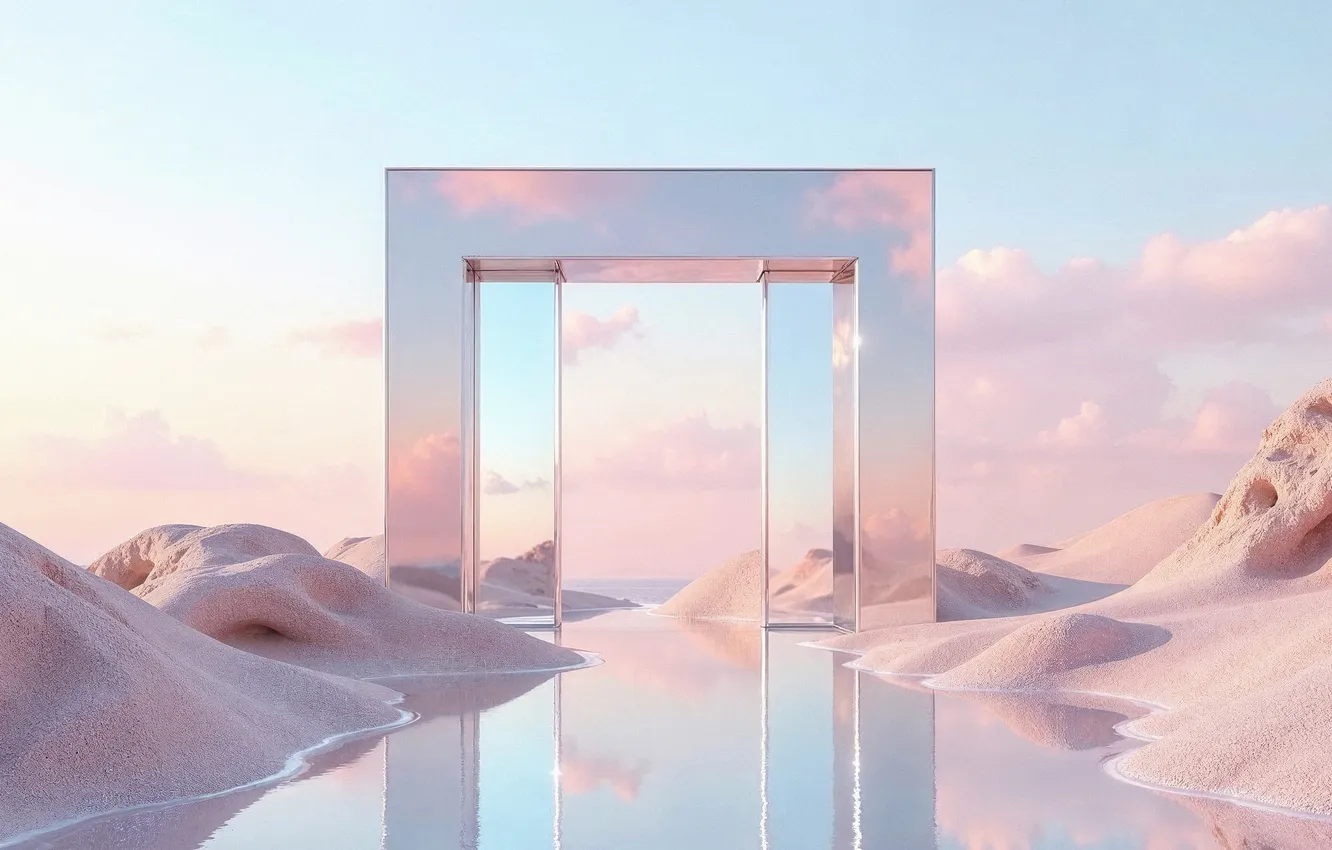 Photo wallpaper the sky, fog, reflection, rocks, dawn, construction, morning, mirror