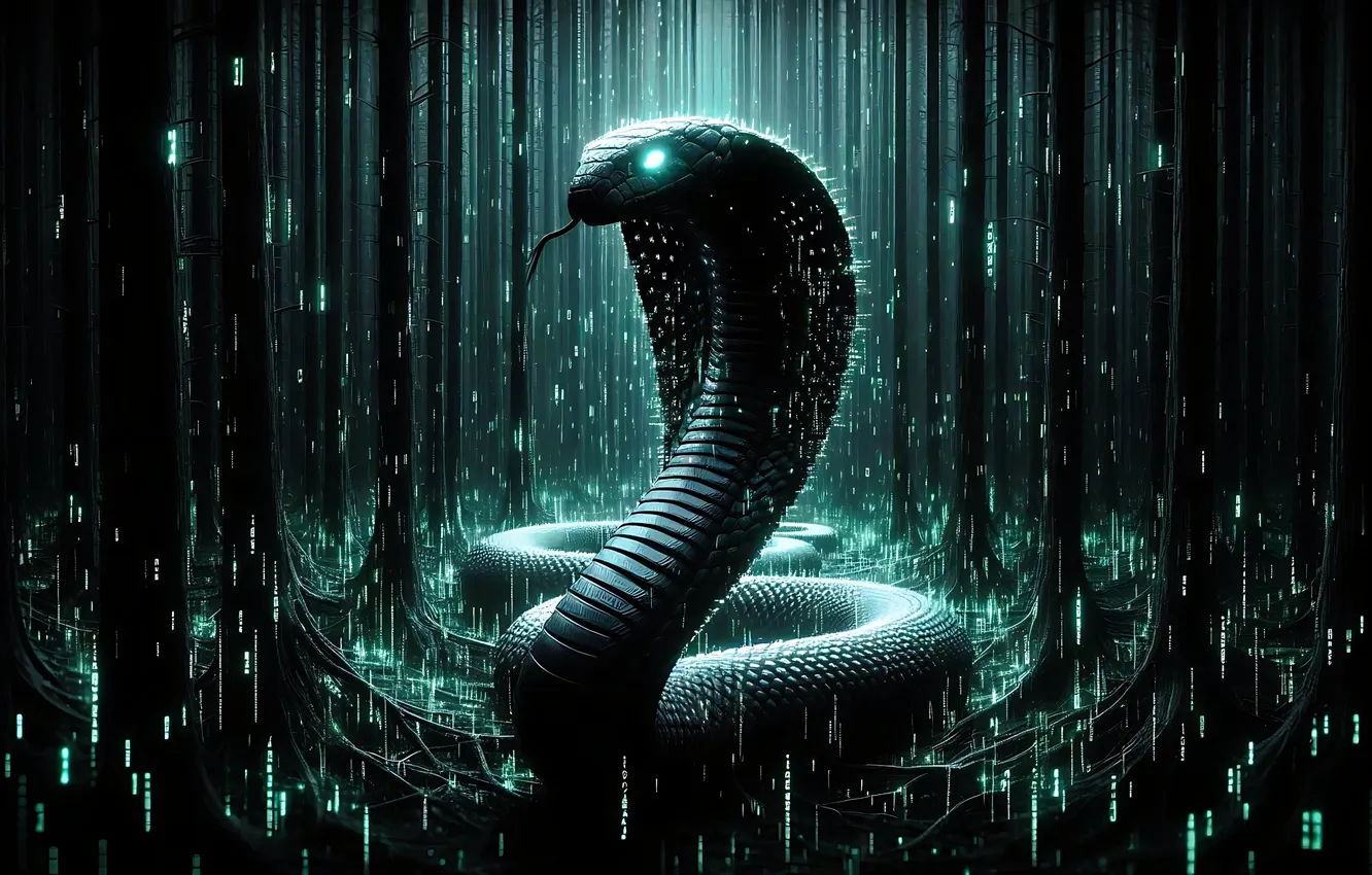 Photo wallpaper look, drops, the dark background, rain, snake, matrix, Cobra, burning look
