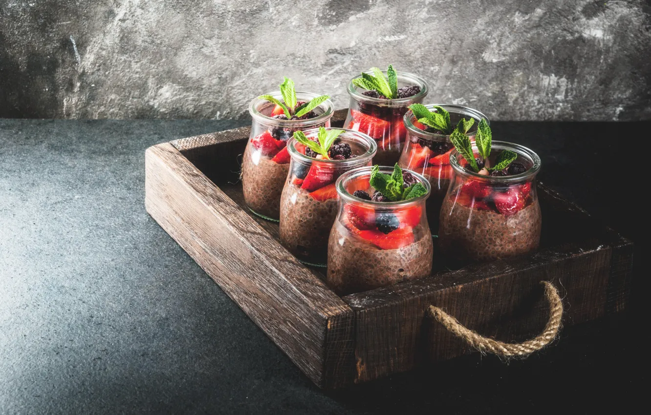Photo wallpaper berries, box, Breakfast, jars, pudding, Chia