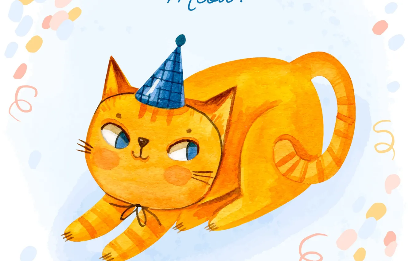 Photo wallpaper cat, cat, look, yellow, birthday, holiday, the inscription, figure