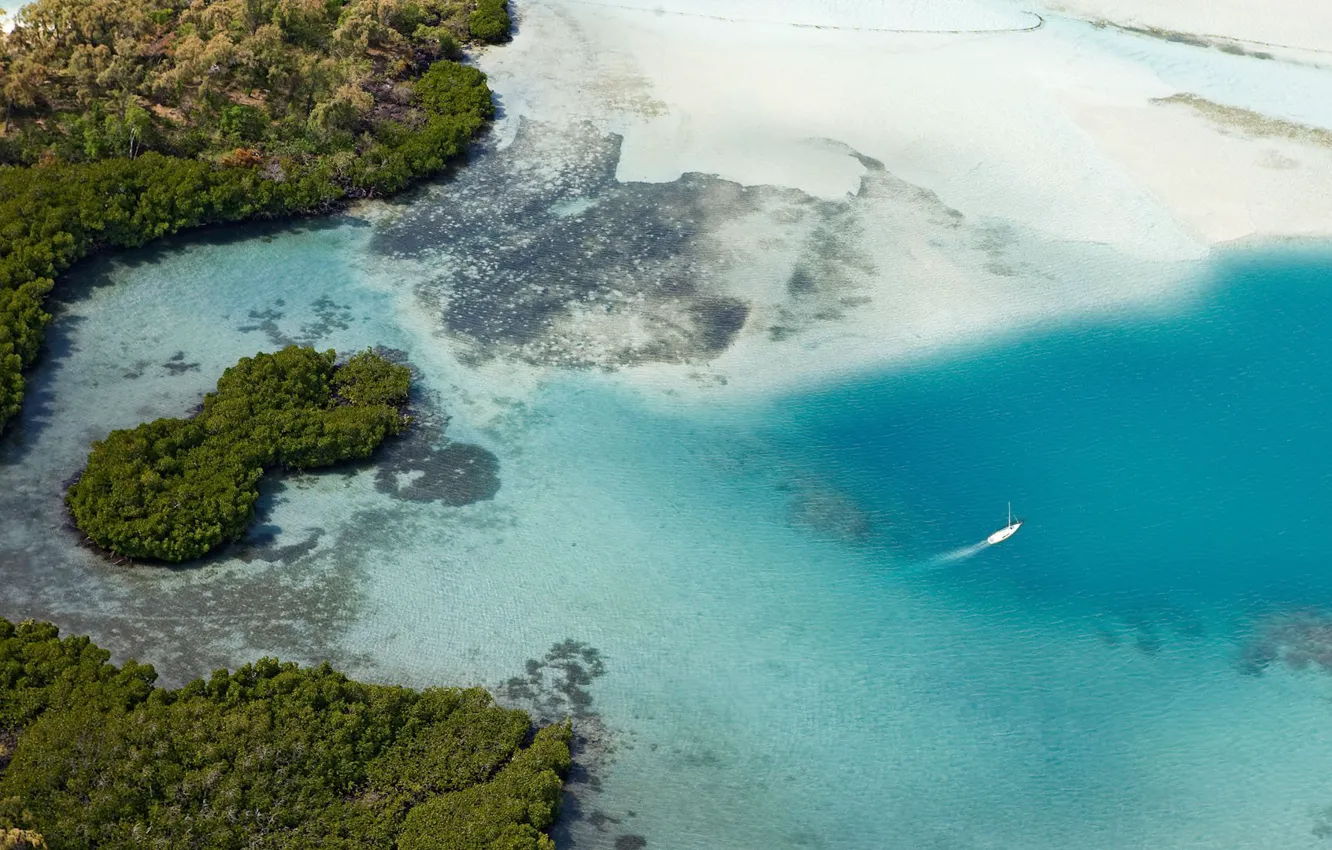 Photo wallpaper Islands, the ocean, yacht, Mauritius, Mauritius, aerial photography, aerial beach shot