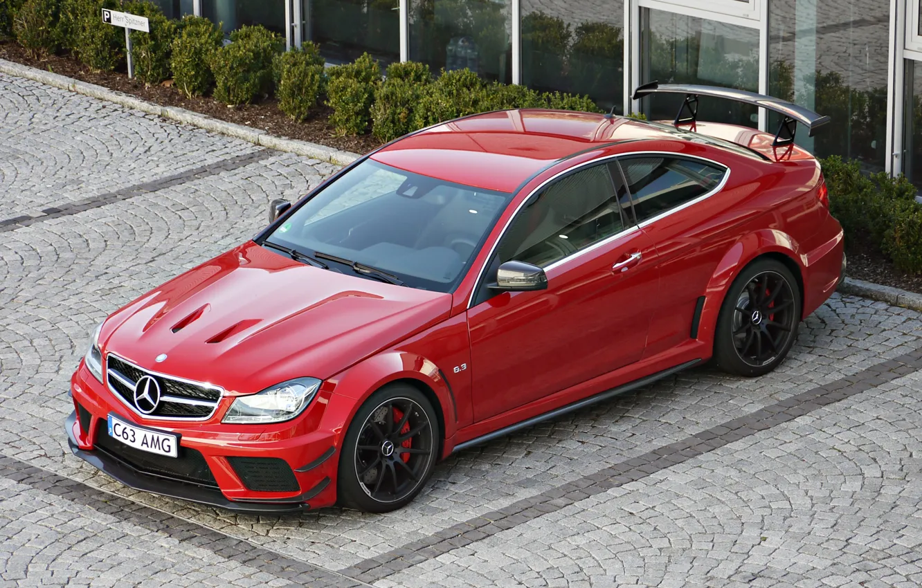 Photo wallpaper red, coupe, Parking, Mercedes, spoiler, Mercedes, AMG, Mercedes Benz C 63 AMG Coupe Black Series
