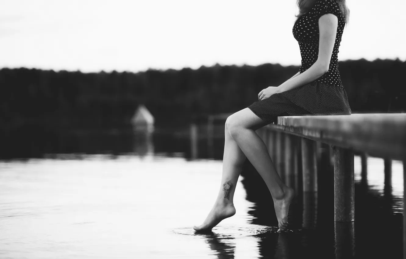 Photo wallpaper sea, girl, river, background, mood, Wallpaper, feet, water. black and white