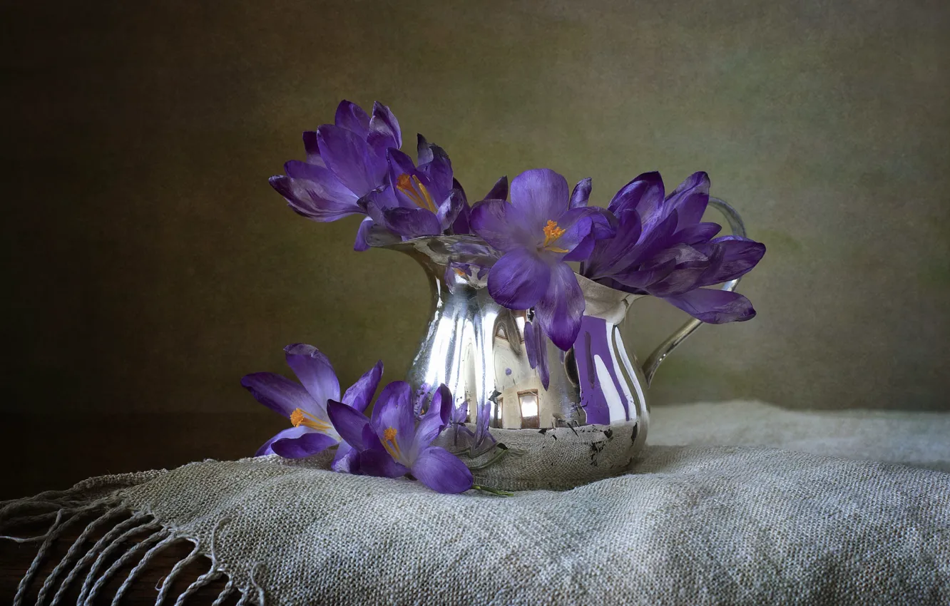 Photo wallpaper flowers, metal, table, Shine, bouquet, spring, crocuses, pitcher