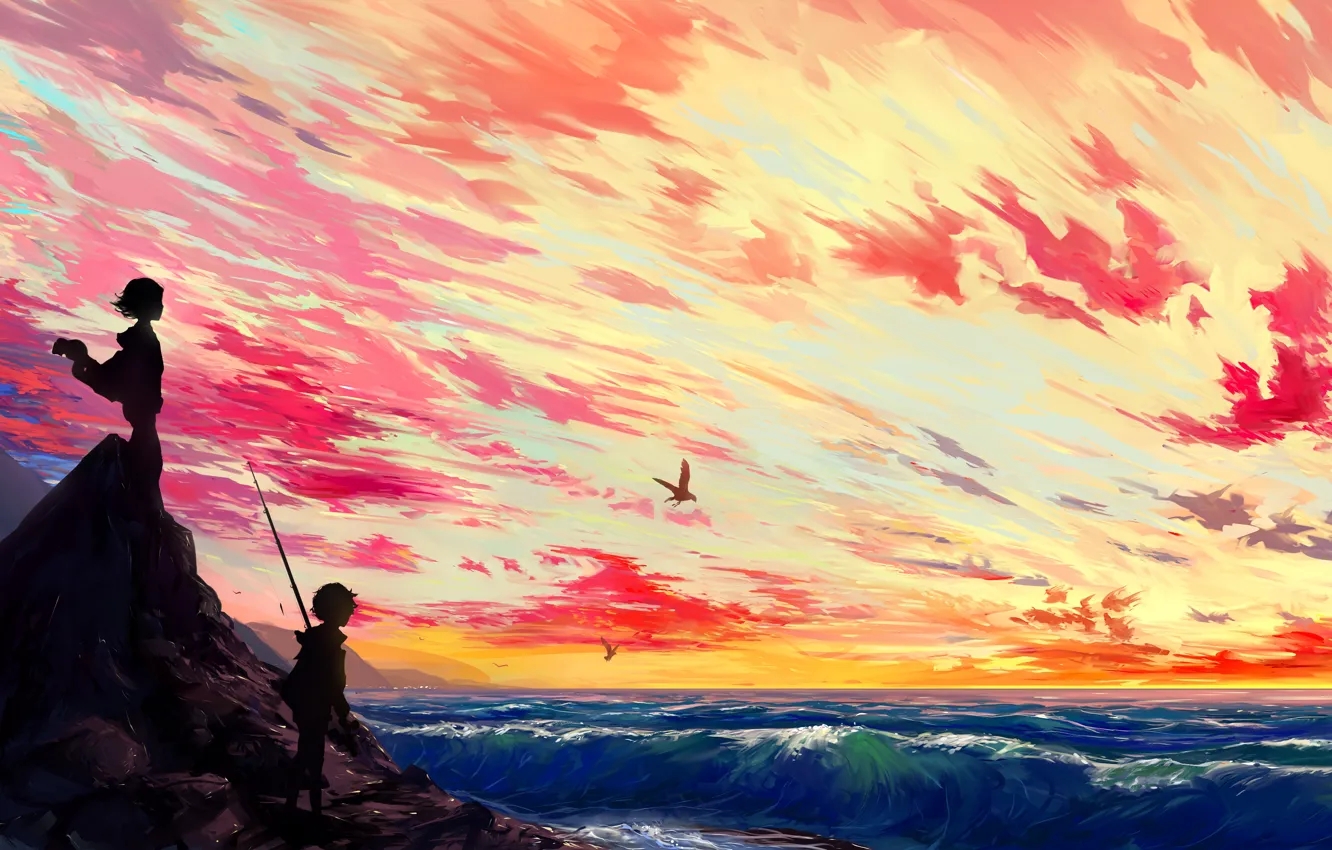 Photo wallpaper sea, wave, the sky, the sun, Islands, clouds, sunset, birds