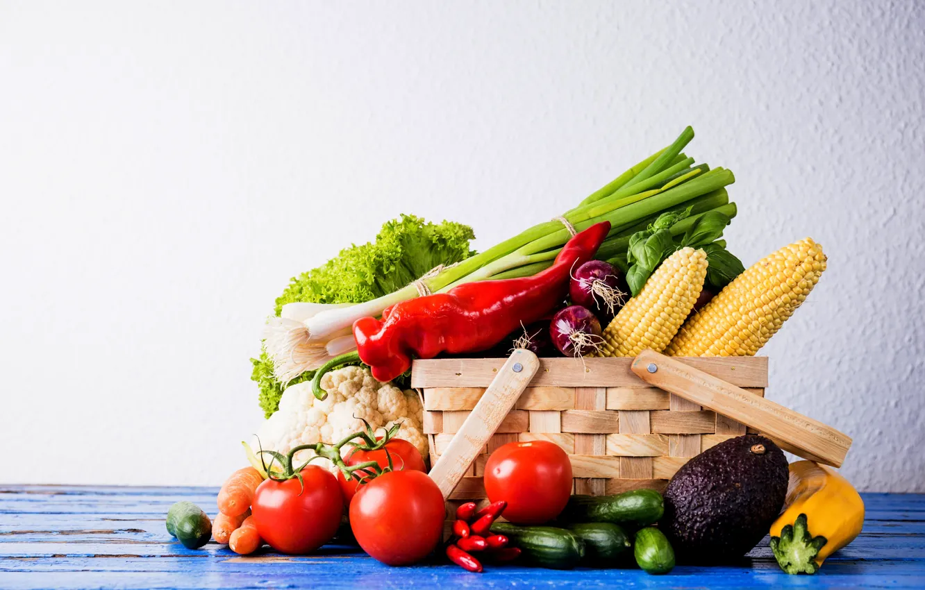 Photo wallpaper basket, greens, cuts, vegetables