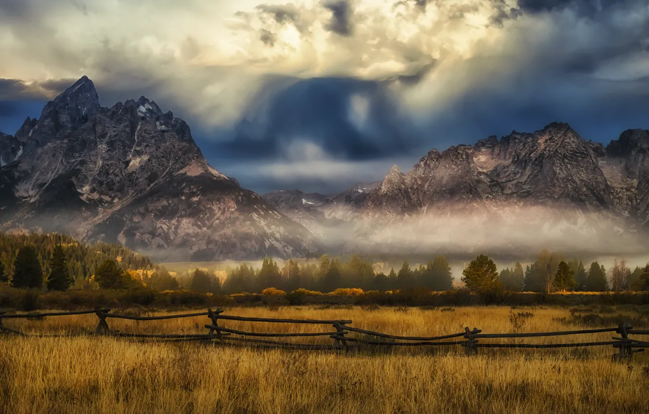Photo wallpaper field, clouds, trees, mountains, fog, the fence, storm, valley