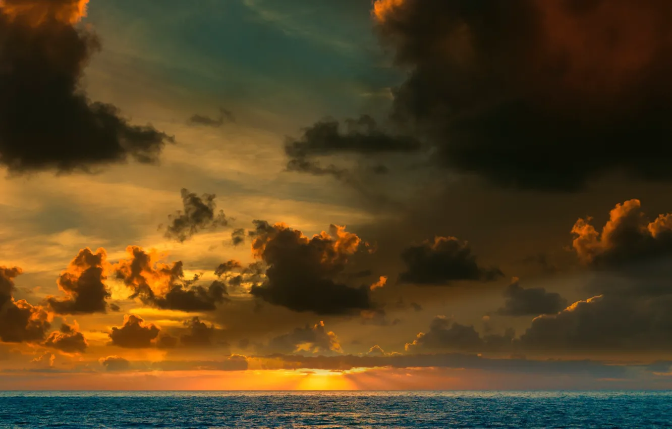Photo wallpaper sky, sea, landscape, nature, Sunset, water, clouds, sun