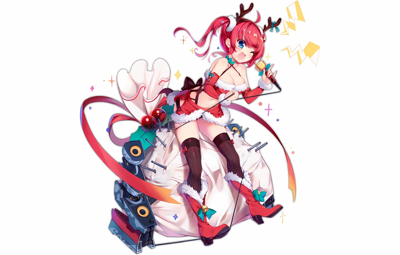 Photo wallpaper girl, sexy, Christmas, cleavage, blouse, thighhighs, legs, boobs