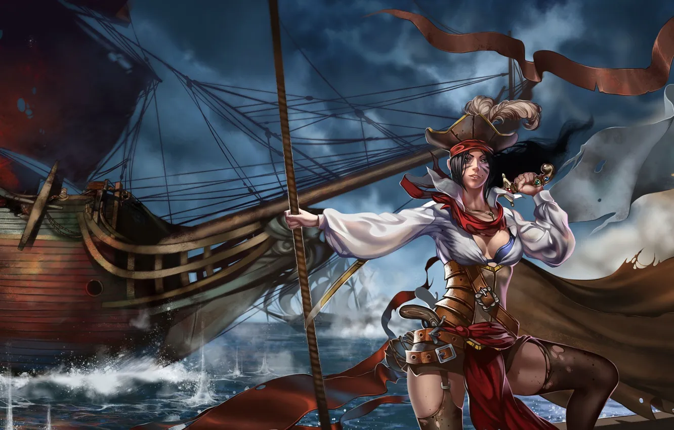 Photo wallpaper sea, girl, weapons, the wind, ship, sailboat, art, pirates