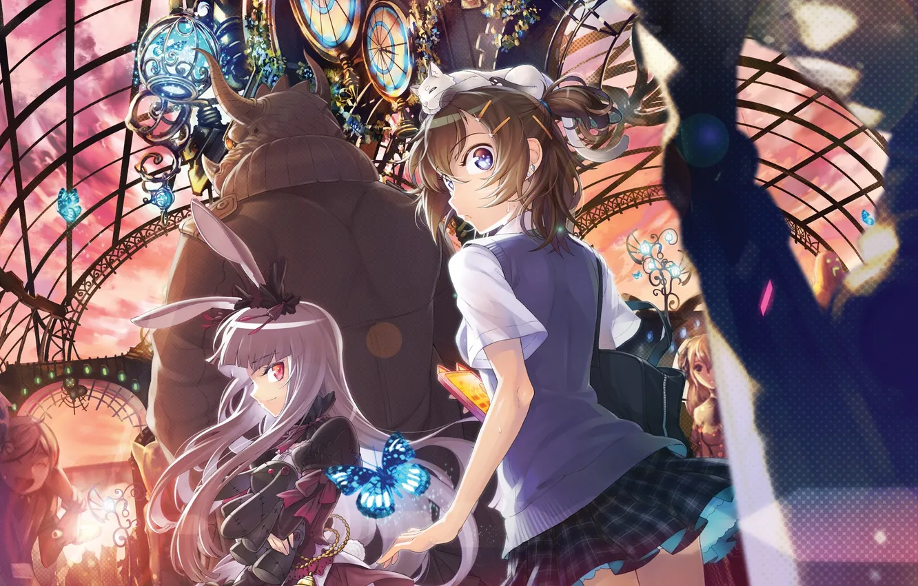 Photo wallpaper the sky, cat, girl, clouds, sunset, butterfly, dragon, anime