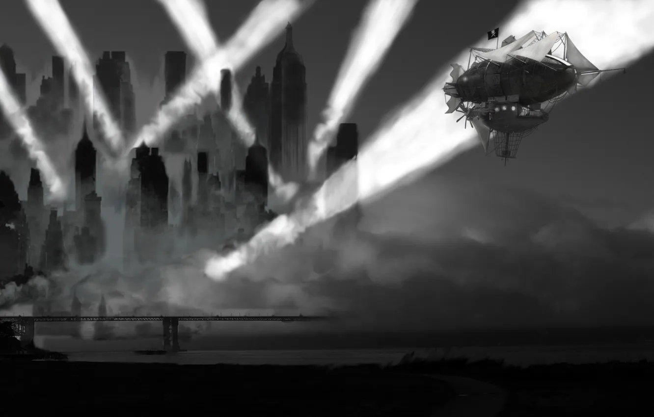 Photo wallpaper the sky, night, bridge, the city, fog, skyscrapers, art, the airship