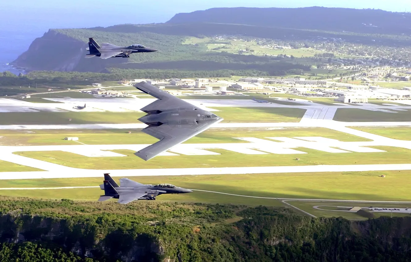Photo wallpaper sea, field, flight, landscape, fighter, B-2, bomber