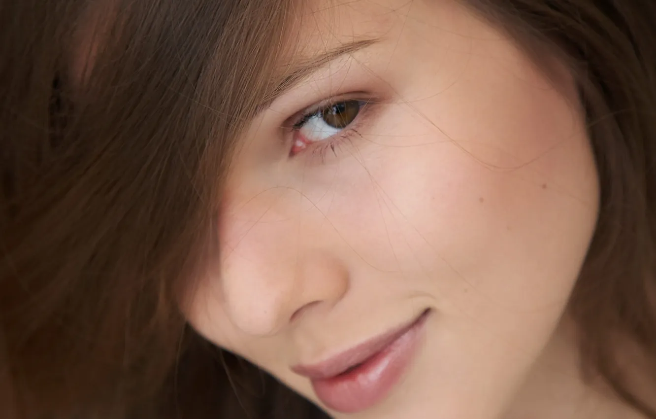 Photo wallpaper look, girl, face, hair, brown eyes, natural