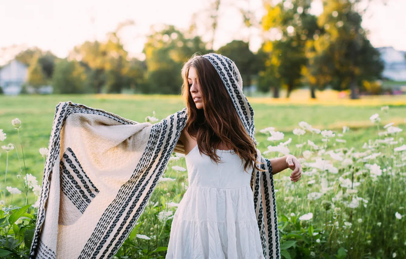 Photo wallpaper white, girl, dress, tippet