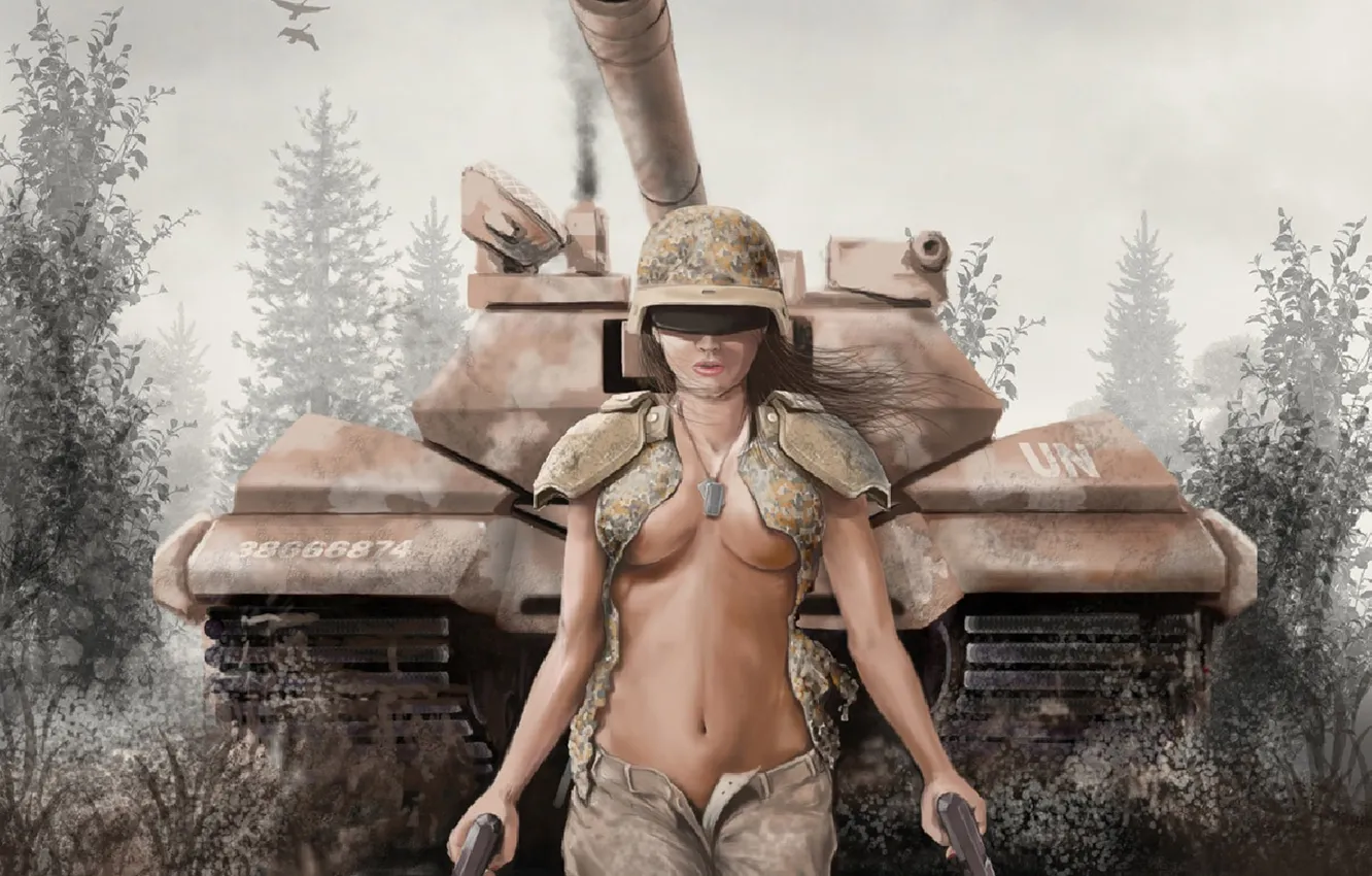 Photo wallpaper girl, guns, tank
