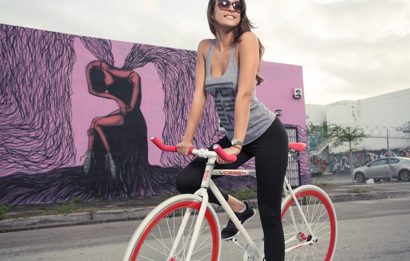 Photo wallpaper girl, bike, graffiti, brunette, glasses, Vossen