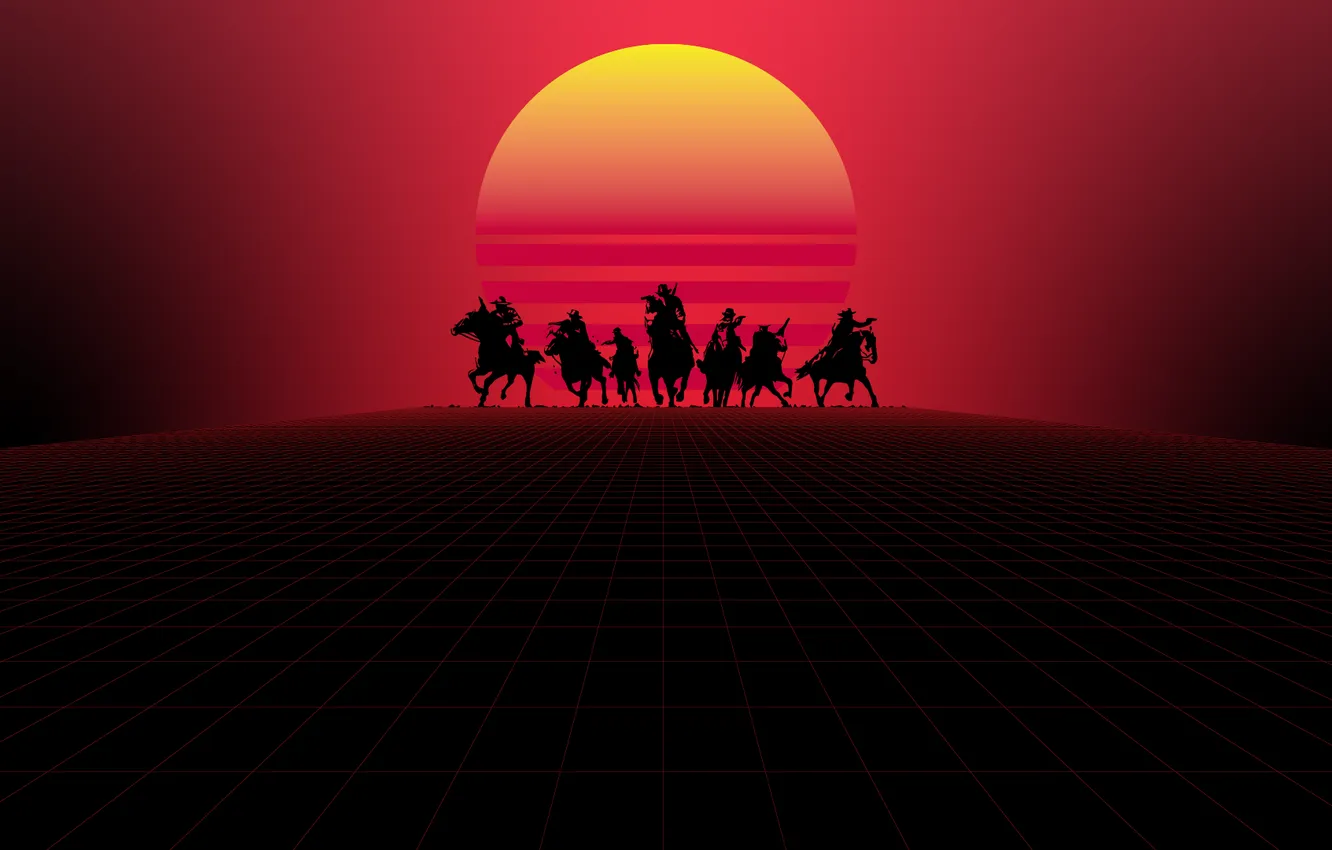 Photo wallpaper red, western, horse, cowboys, video games, simple background, Red Dead Redemption 2, Synthwave