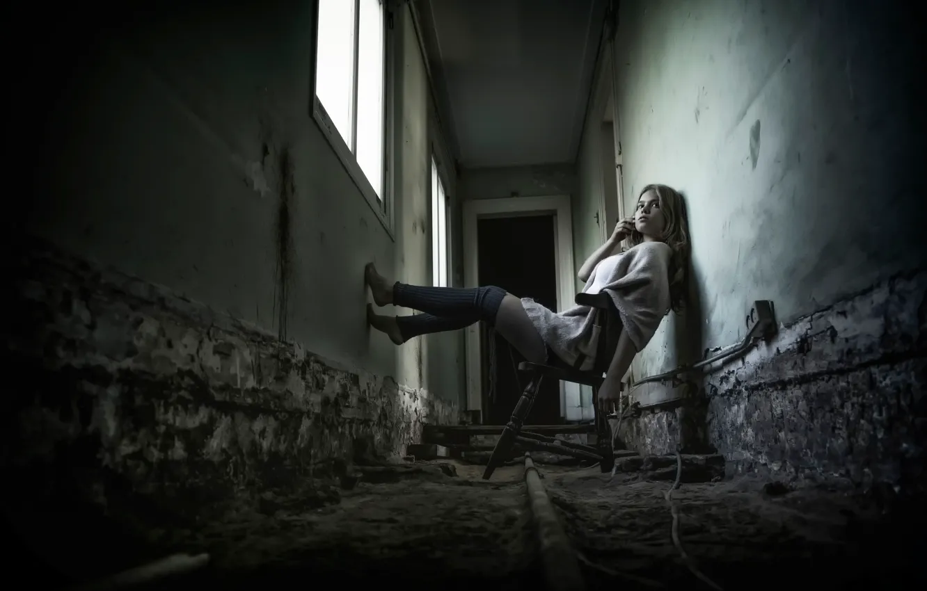 Photo wallpaper girl, corridor, chair, legs, leg warmers