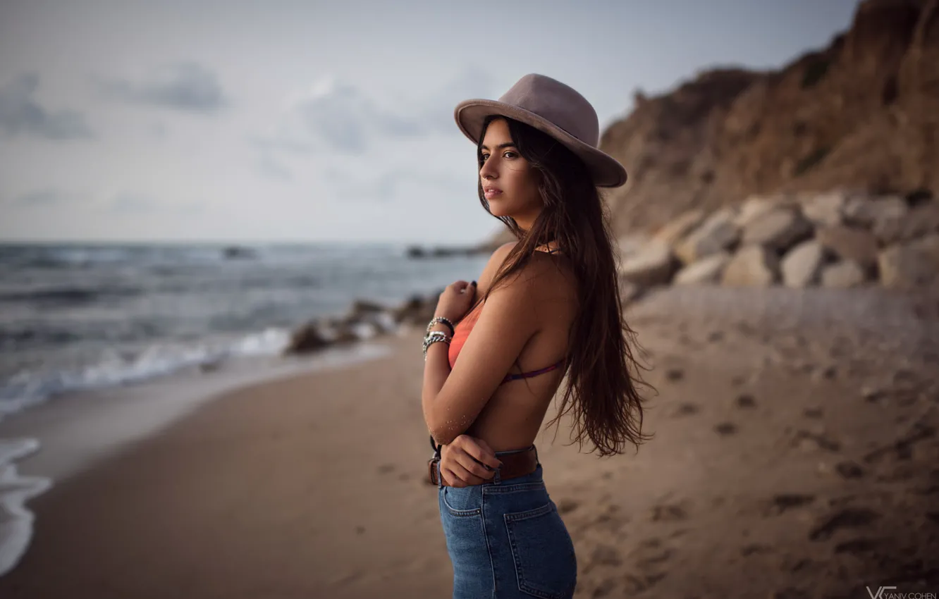 Photo wallpaper sand, sea, wave, beach, girl, shore, model, hat