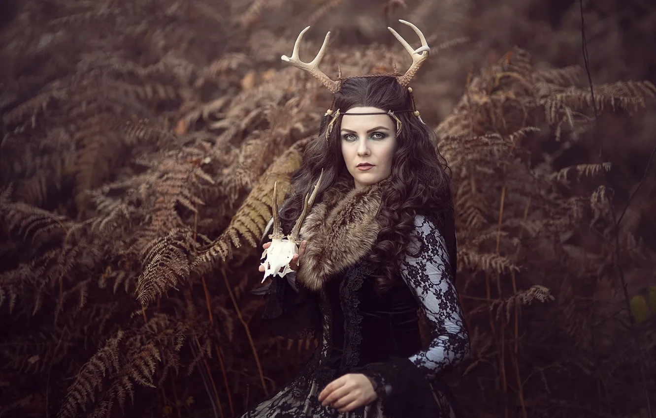 Photo wallpaper forest, look, leaves, girl, nature, face, pose, style