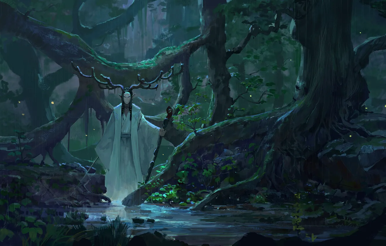 Photo wallpaper sword, fantasy, forest, rain, horns, trees, weapon, digital art