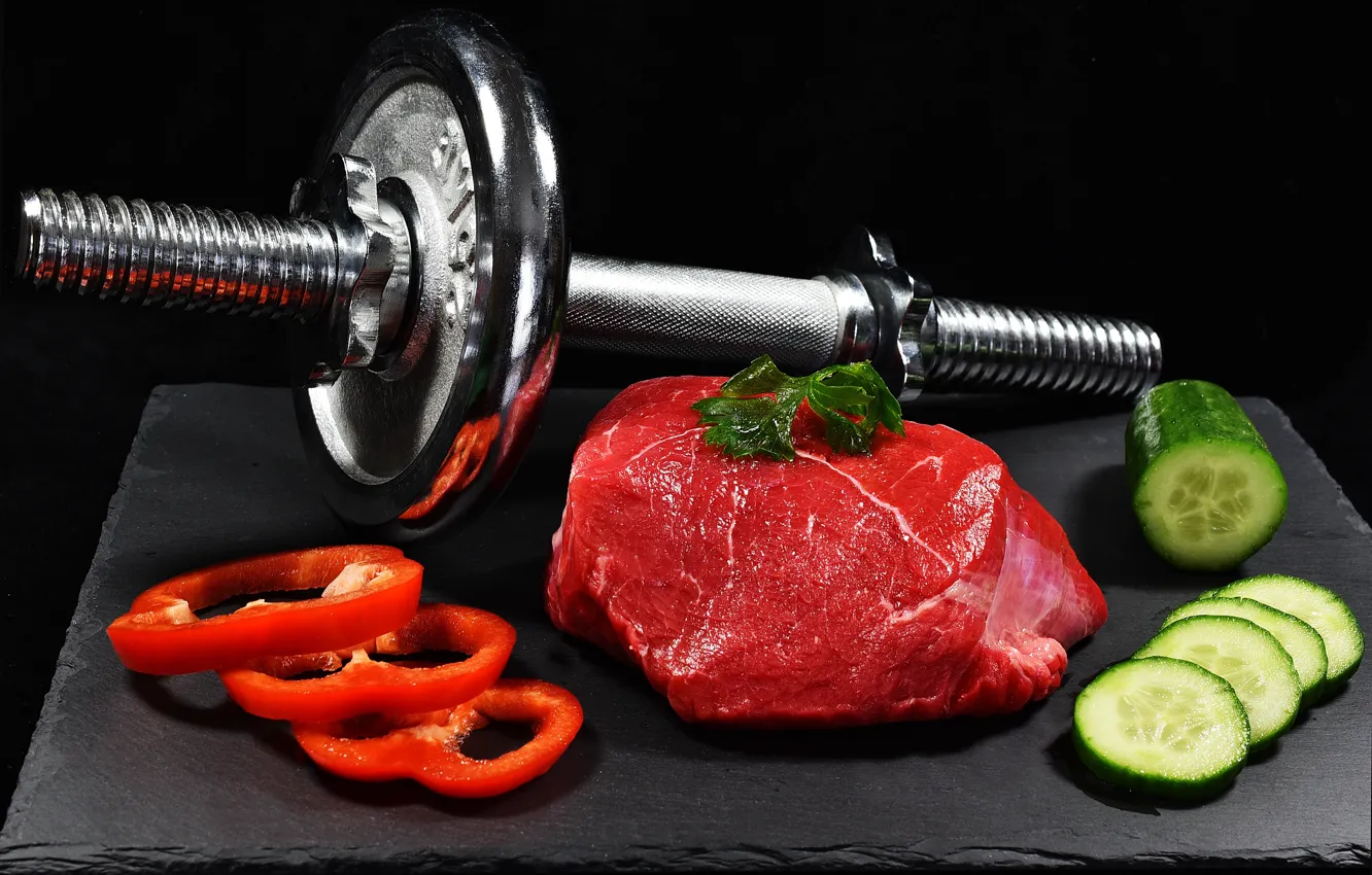 Photo wallpaper meat, vegetables, dumbbell, healthy life