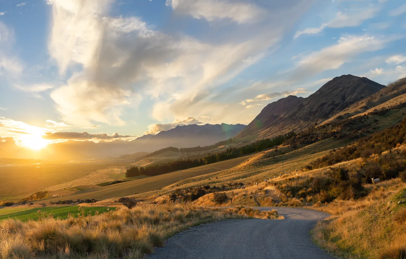 Photo wallpaper road, the sun, mountains, dawn