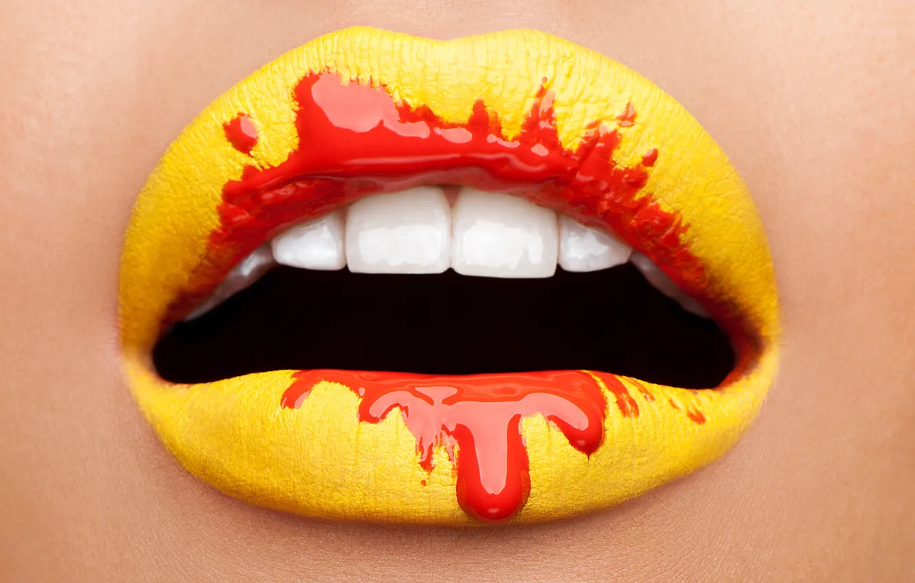 Photo wallpaper red, yellow, teeth, Lips