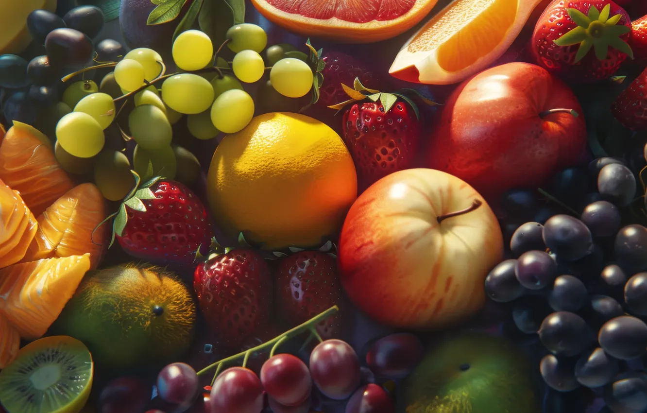 Photo wallpaper light, berries, apples, orange, kiwi, strawberry, grapes, fruit