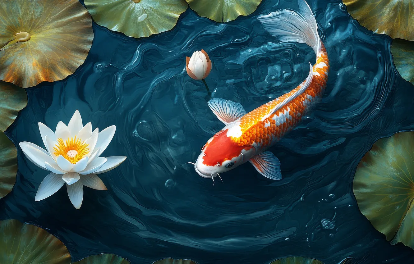 Photo wallpaper leaves, flowers, pond, fish, orange, fish, Lily, carp