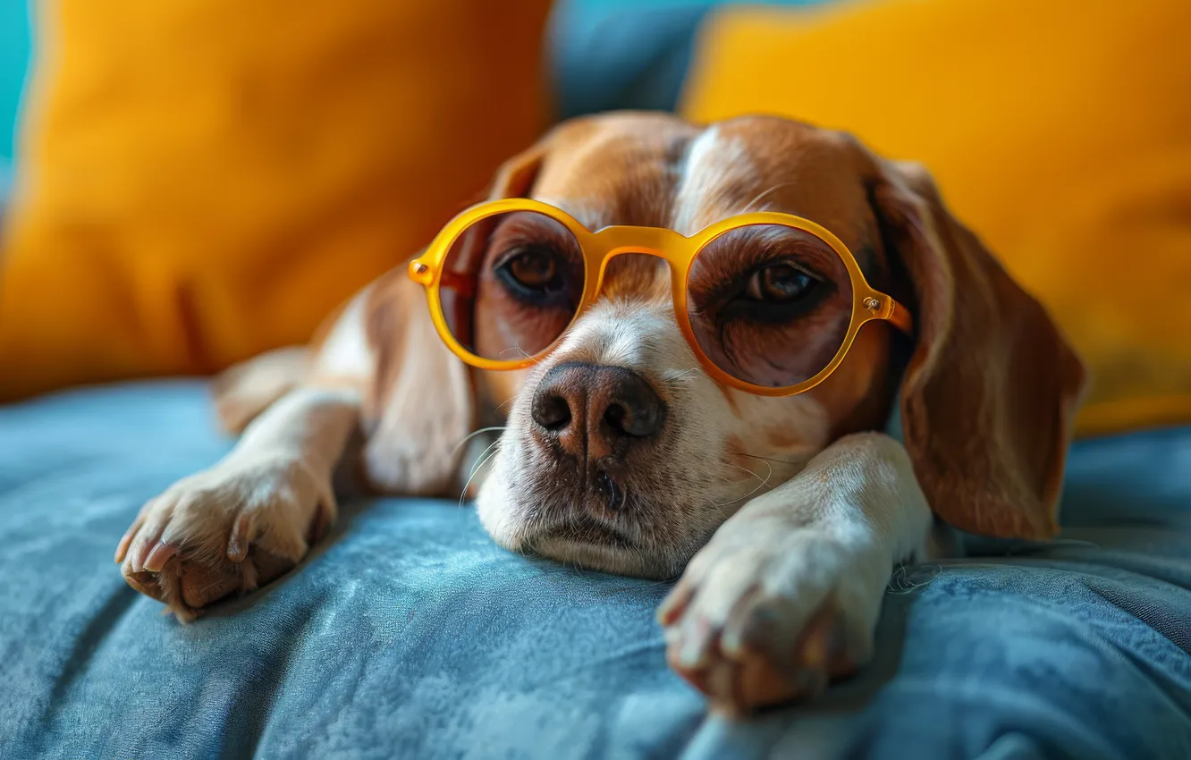 Photo wallpaper look, orange, pose, sofa, portrait, dog, pillow, paws