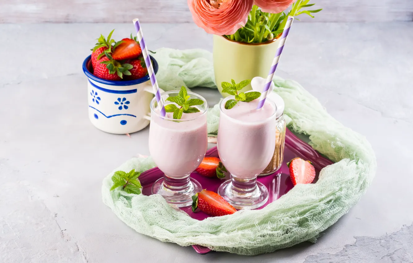 Photo wallpaper berries, strawberry, cocktail, milk