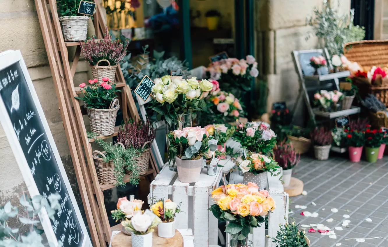 Photo wallpaper flowers, street, shop, bouquets