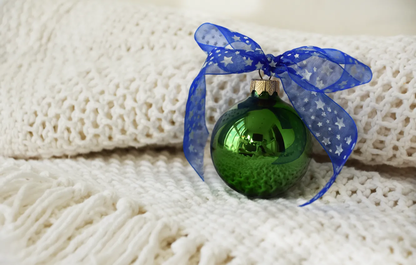 Photo wallpaper winter, green, holiday, ball, Christmas, New year, bow, Christmas decorations