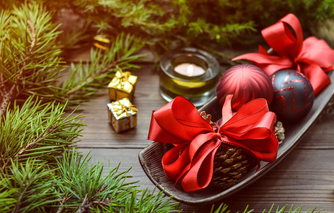 Photo wallpaper balls, decoration, branches, balls, toy, new year, candles, Christmas