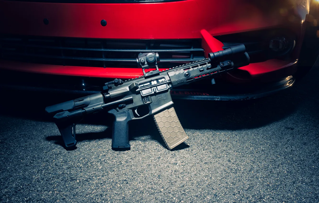Photo wallpaper weapons, background, car, assault rifle