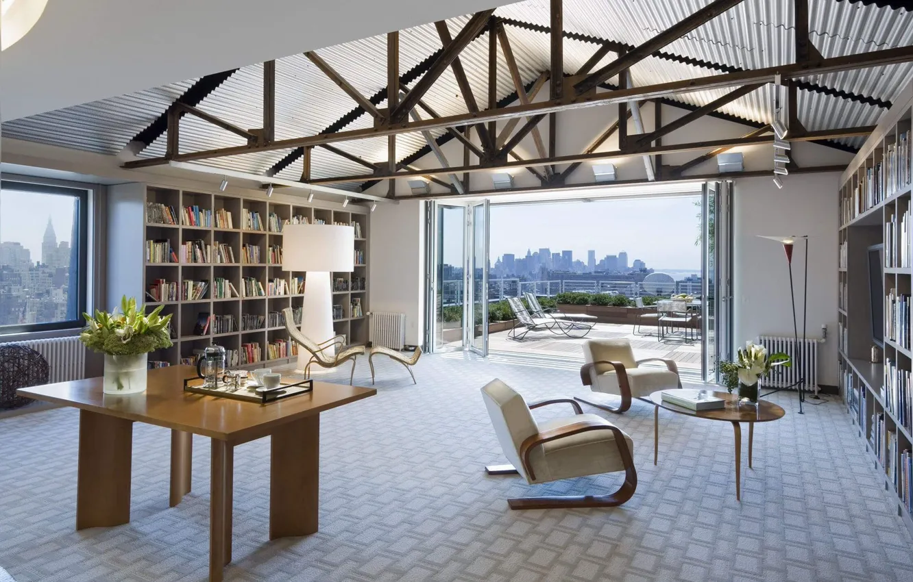 Photo wallpaper interior, library, megapolis, Rooftop, reading room in Manhattan