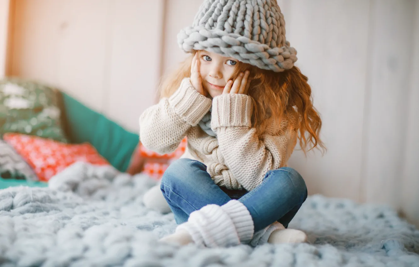 Photo wallpaper hat, jeans, scarf, girl, happy, cute, little girl