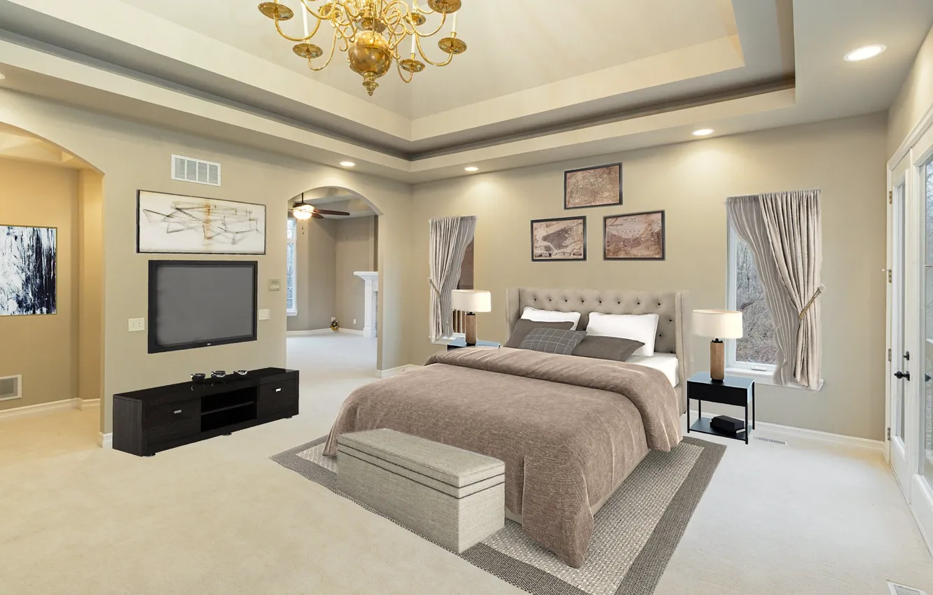 Photo wallpaper design, bed, TV, bedroom