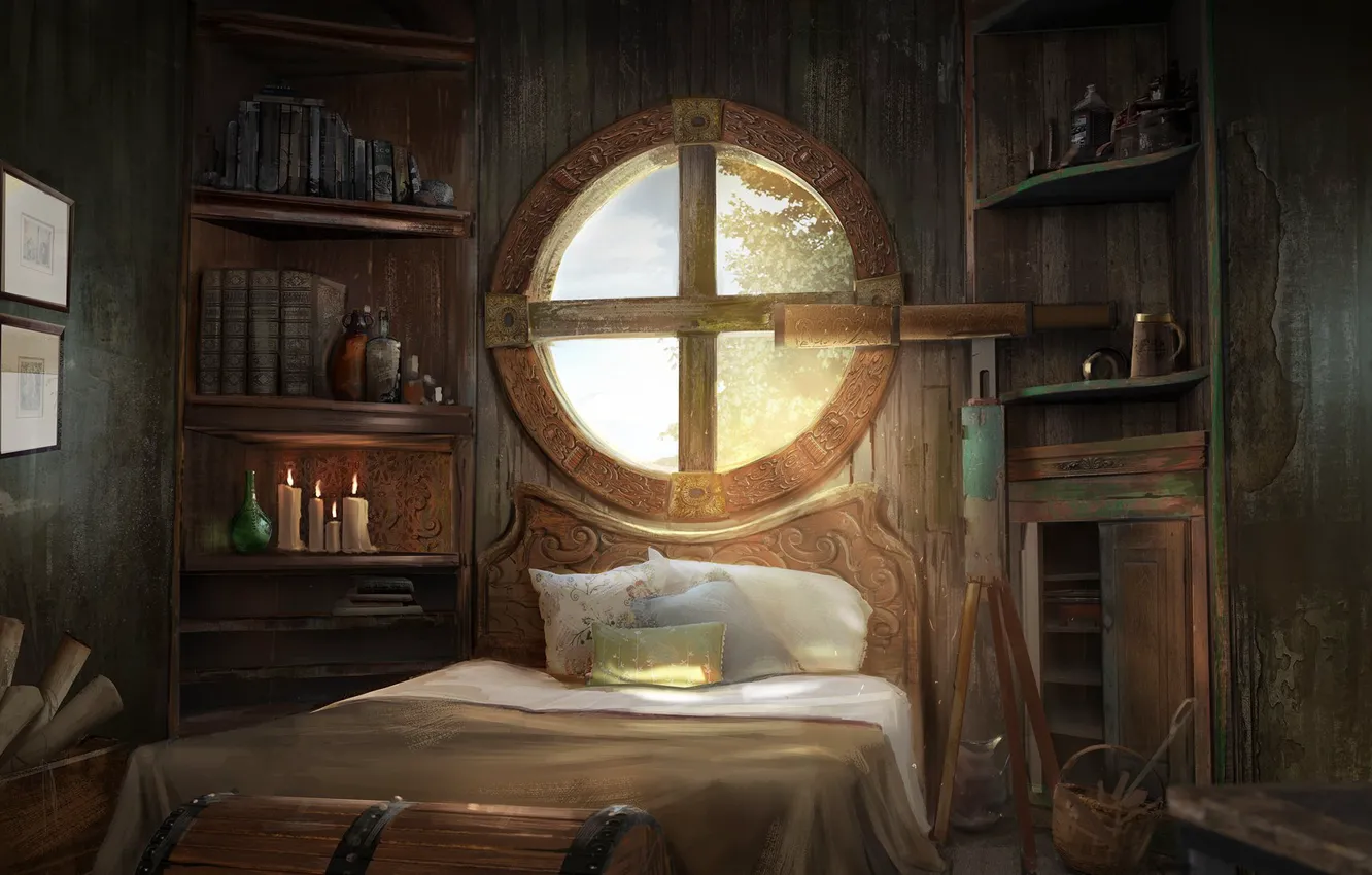 Photo wallpaper room, bed, window, art, Tree House, Diamond Kitty Finding Her Johnson