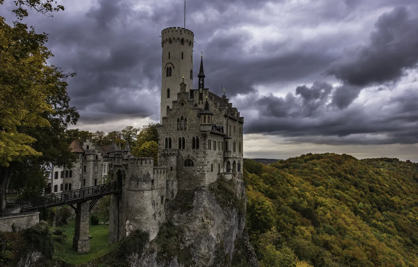 Photo wallpaper the sky, trees, clouds, castle, Germany, architecture, Lichtenstein